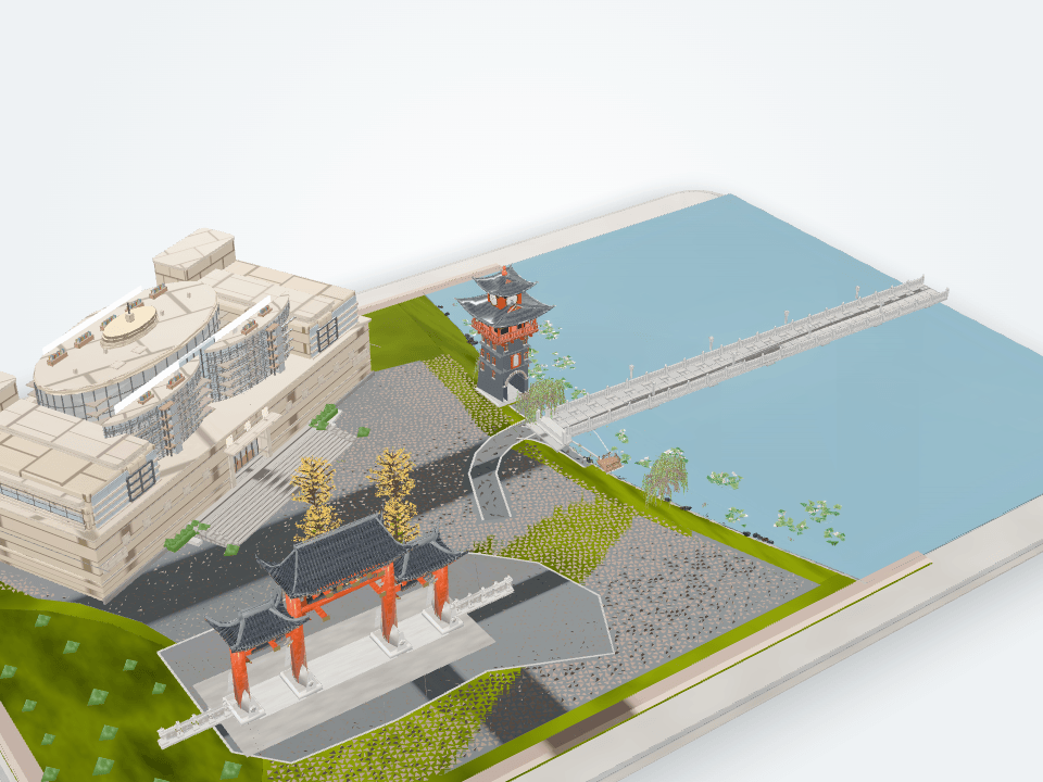 Overview of the digital campus: red gate, ginkgo path, library, lake with the long bridge and clock tower