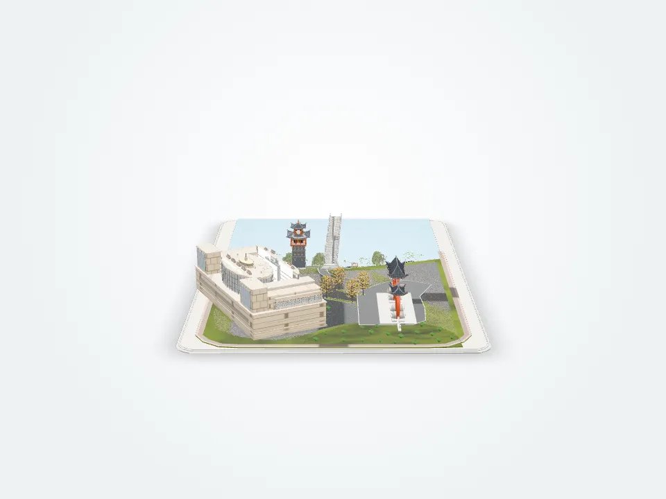Render of the contemporary library massing beside traditional forms